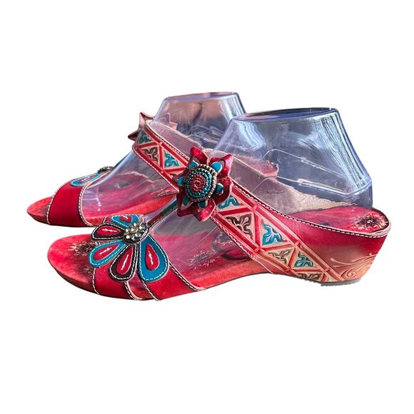 Corky's Shoes - Corky's Haiti Sandals Wedge Size 11 Red Turquoise Leather Floral Slip On Slide